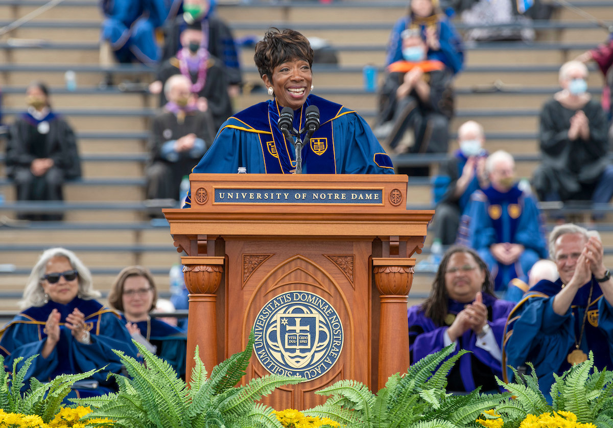 Carla Harris delivers her address during the 176th commencement ceremony at Notre Dame Stadium May 23 after being awarded the Notre Dame Laetare medal. She serves as vice chairman of wealth management and senior client adviser at Morgan Stanley.
